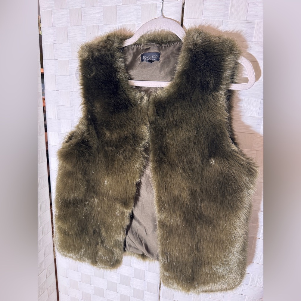 Topshop Olive Faux Fur Vest